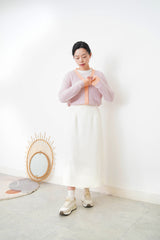 Pastel pink mohair cardigan w/ contrast fringe