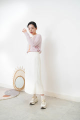 Pastel pink mohair cardigan w/ contrast fringe