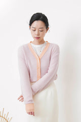 Pastel pink mohair cardigan w/ contrast fringe