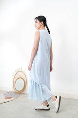 Navy square neck dress w/ asy. layering hem