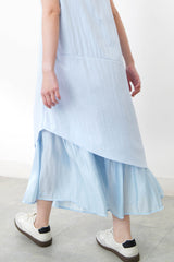 Sky blue square neck dress w/ asy. layering hem