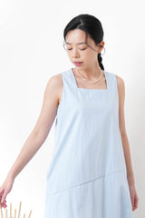 Sky blue square neck dress w/ asy. layering hem