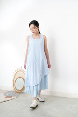 Sky blue square neck dress w/ asy. layering hem