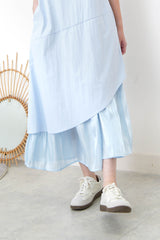 Sky blue square neck dress w/ asy. layering hem