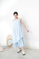 Sky blue square neck dress w/ asy. layering hem