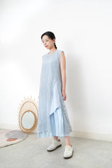 Sky blue square neck dress w/ asy. layering hem
