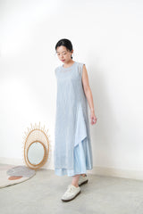 Sky blue square neck dress w/ asy. layering hem