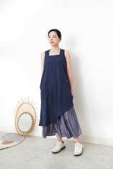 Navy square neck dress w/ asy. layering hem