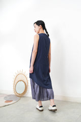 Navy square neck dress w/ asy. layering hem