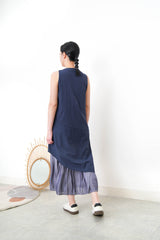 Navy square neck dress w/ asy. layering hem