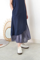 Navy square neck dress w/ asy. layering hem