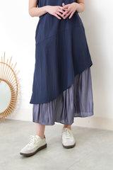 Sky blue square neck dress w/ asy. layering hem