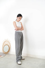 Grey suit pants w/ asy. waist cutting