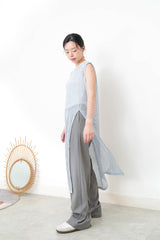 Grey suit pants w/ asy. waist cutting