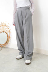 Grey suit pants w/ asy. waist cutting