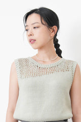 Green crochet knit vest w/ asy. cut