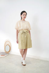 Mustard pleats shorts w/ overlap details