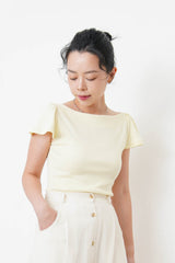 Yellow boat neck top w/ peplum sleeves