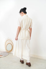 Cream short sleeves linen blazer w/ belt