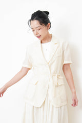 Cream short sleeves linen blazer w/ belt