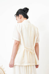 Cream short sleeves linen blazer w/ belt