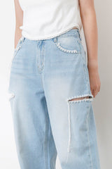 Light blue wide leg jean w/ stitching details