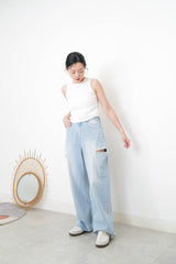 Light blue wide leg jean w/ stitching details