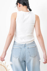 White round hem vest in lace fringe
