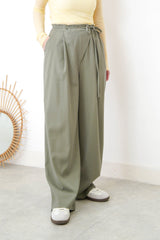 Arm green wide leg stipes trousers w/ waist straps