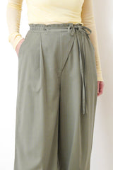 Arm green wide leg stipes trousers w/ waist straps