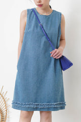 Denim dress w/ fringe trimming