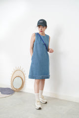 Denim dress w/ fringe trimming