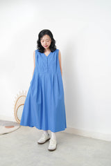 Sharp blue v neck dress w/ pleats shoulder