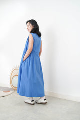 Sharp blue v neck dress w/ pleats shoulder