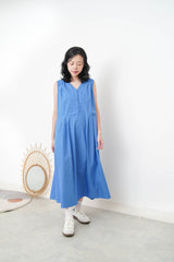 Sharp blue v neck dress w/ pleats shoulder