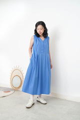 Sharp blue v neck dress w/ pleats shoulder