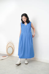 Sharp blue v neck dress w/ pleats shoulder