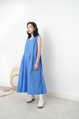 Sharp blue v neck dress w/ pleats shoulder
