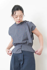 Navy checked detail blouse w/ scarf