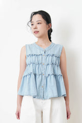 Light blue denim ruffle vest w/ buttons