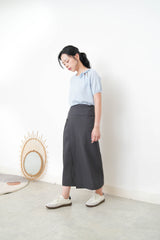 Blue knit top w/ ribbon collar details