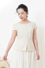 Beige elegant fine cut linen blouse w/ thin belt