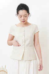 Beige elegant fine cut linen blouse w/ thin belt