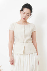 Beige elegant fine cut linen blouse w/ thin belt