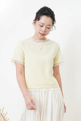 Yellow texture top w/ mesh ruffle trimming