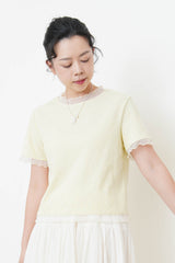 Yellow texture top w/ mesh ruffle trimming