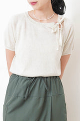 Oatmeal knit top w/ ribbon collar details