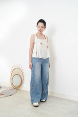 White square neck cami in cross embroidery