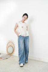 White square neck cami in cross embroidery