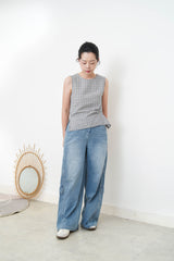 Navy checked vest w/ waist pleats details